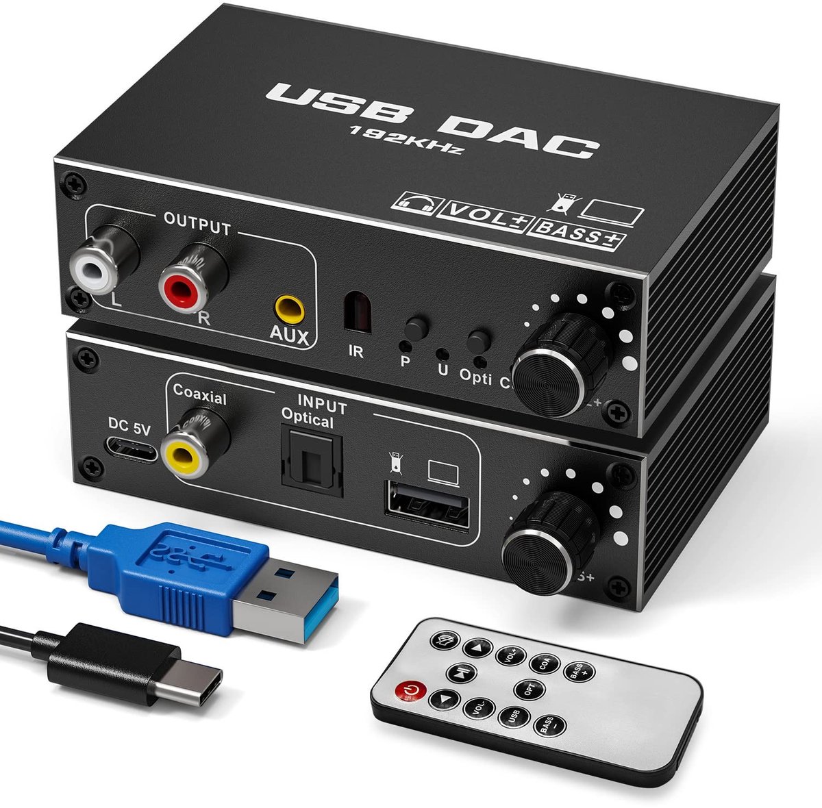 192KHz USB DAC Digitale naar Analoge Audio Converter met Volume Controle, Optische SPDIF en Coaxiale L/R 3.5mm Jack Audio Adapter voor Verbeterde Geluidskwaliteit