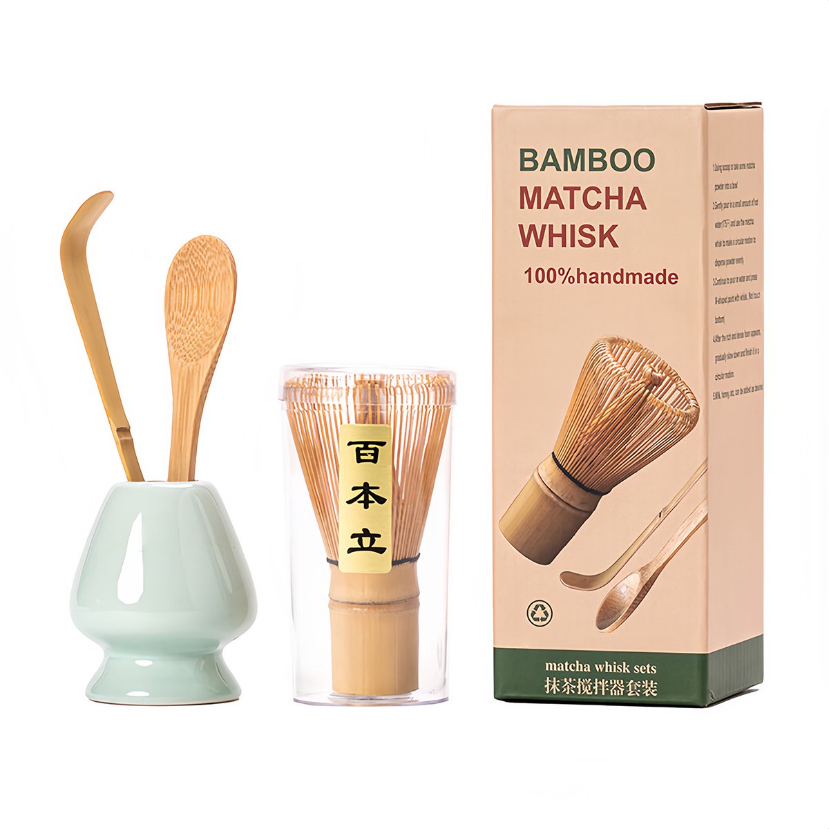 Sercano Matcha Set 4-delig – Matcha Starterset met Groene Keramische Kom, Bamboe Klopper, Lepel en Houder