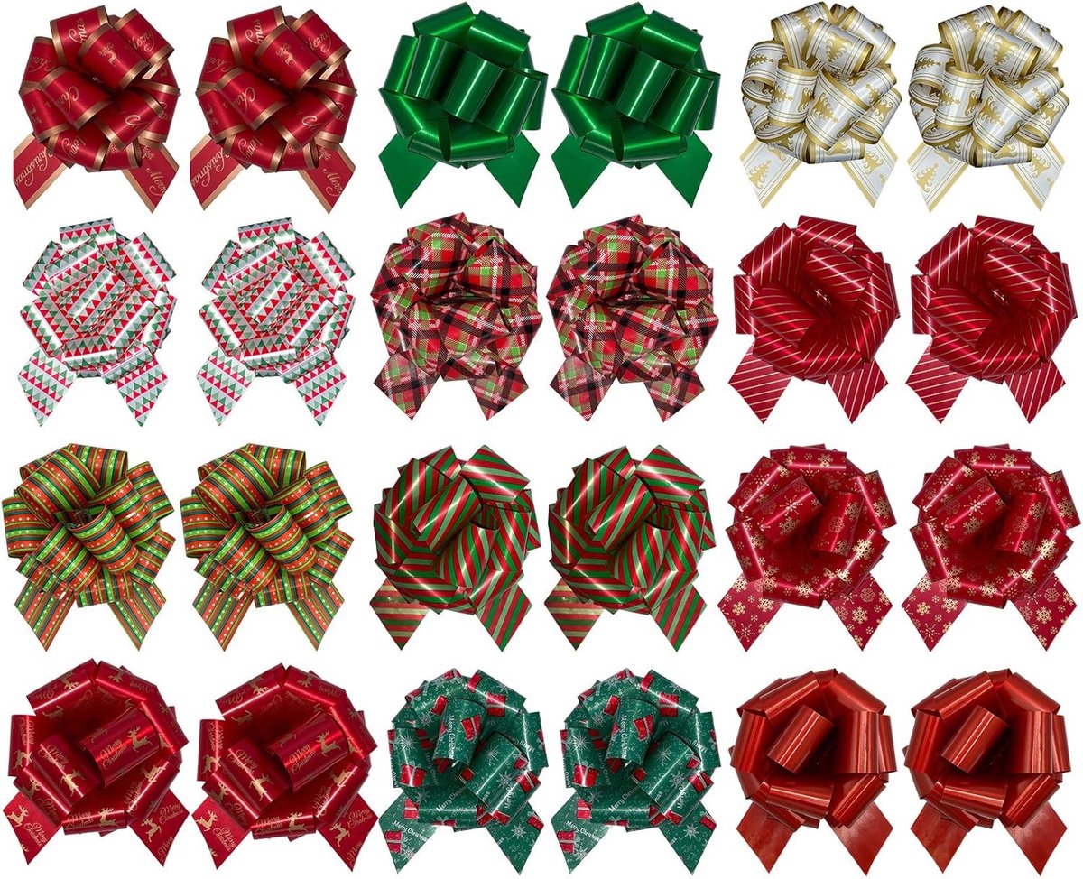 SnelShoppen - 24PCS Kerst Geschenkverpakking Strikjes met Ribbons - Eenvoudig te Monteren Decoratieve Bogen voor Cadeaus, Bloemen, Mandjes, Feestdagen