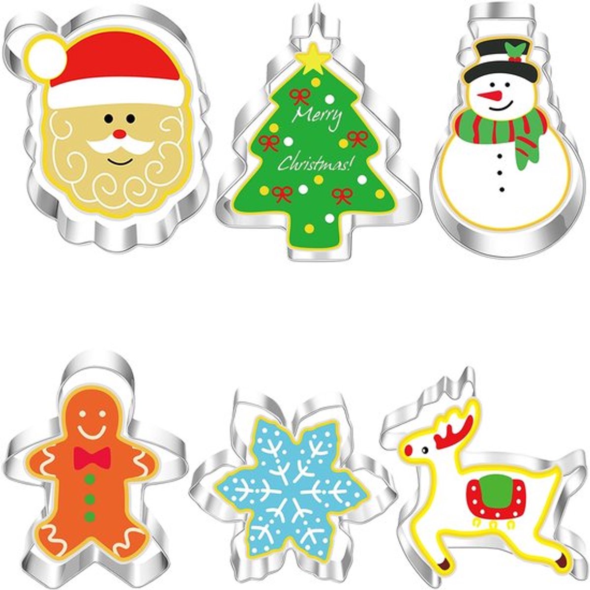 Uitsteekvormen Set - 6 Stuks voor Kerstmis - Roestvrij Staal - Veiligheidsmateriaal - Koekjesvormen - Diverse Ontwerpen - Koekjesuitsteekvormen