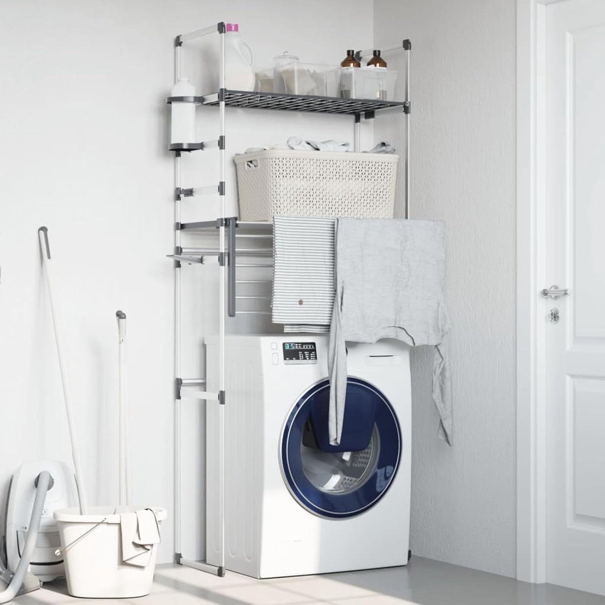 Wasmachine rek - Opbergrek badkamer - Ruimte creëren - Corrosiebestendig aluminium - 77 x 52 x 192 cm - Zilver