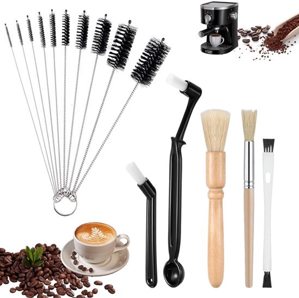 Barista Penseel Set - 5 Koffieborstels - Latte-Art Nadel - 10 Pfeifenreinigers - Schone Borstels - Hoogwaardige Materialen - Koffieborstel