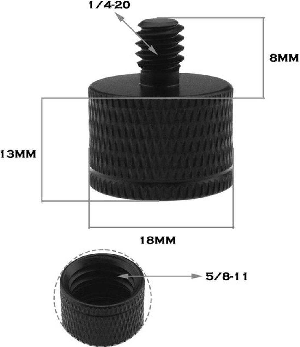 Schroefadapter - 5/8"-11 naar 1/4"-20 - Aluminium - Zwart - Camera accessoires - Perfect voor webcams en microfoons - Compact design