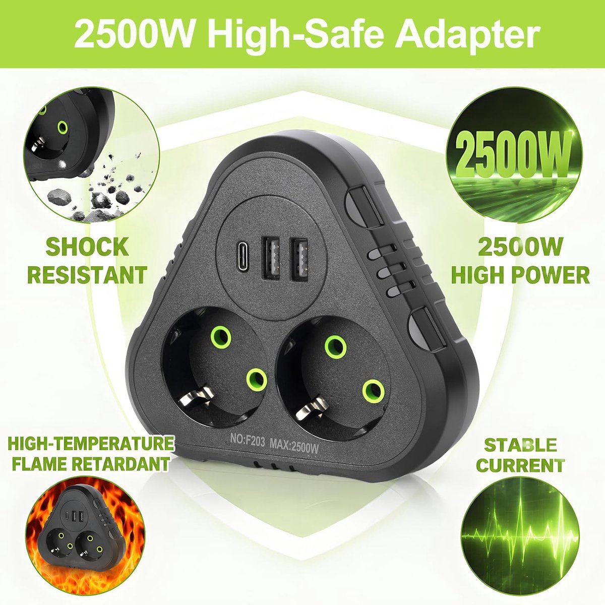 Stekkerdoos 5-in-1 met 2 Europese stopcontacten - 2 USB-A en 1 USB-C - USB-oplader - ideaal voor thuis en op reis - ShopVlot