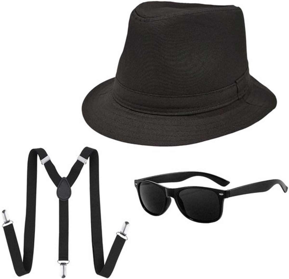 Gangsterkostuum 3-delig - Herenkostuumaccessoires - Fedora Hoed - Bretels - Zonnebril - Jaren 20 Thema - Verkleedkostuum