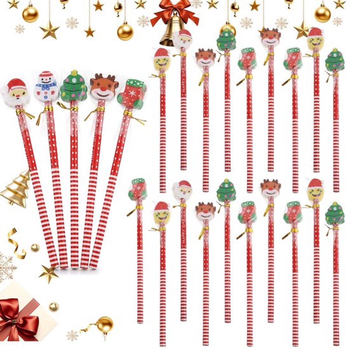 Kerststiften 24 stuks - Houten kerstpotloden - Met gum - Veelkleurig - Cadeautje voor kinderen - Perfect voor feestelijke tijd