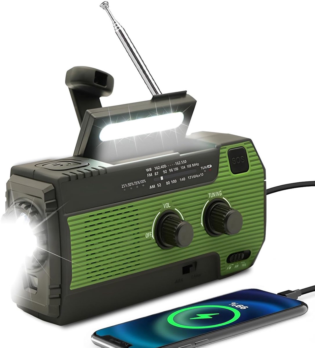 SnelShoppen - Solar Emergency Radio met Handcrank, LED Zaklamp, SOS Alarm, AM/FM Weerradio, 4000mAh Accu, Noodladers voor Smartphones, Groen