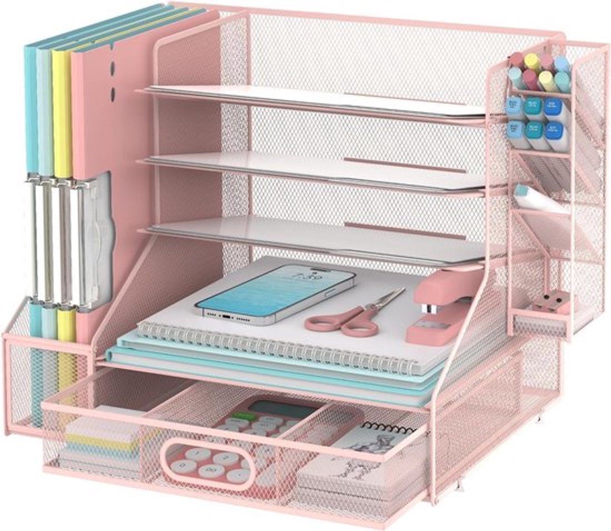 Bureau Organizer Multifunctioneel - 5-laags met Lade - Tijdschriftrek - 4-vaks Pennenhouder - Ergonomisch Design - Roze - Kantoororganizer