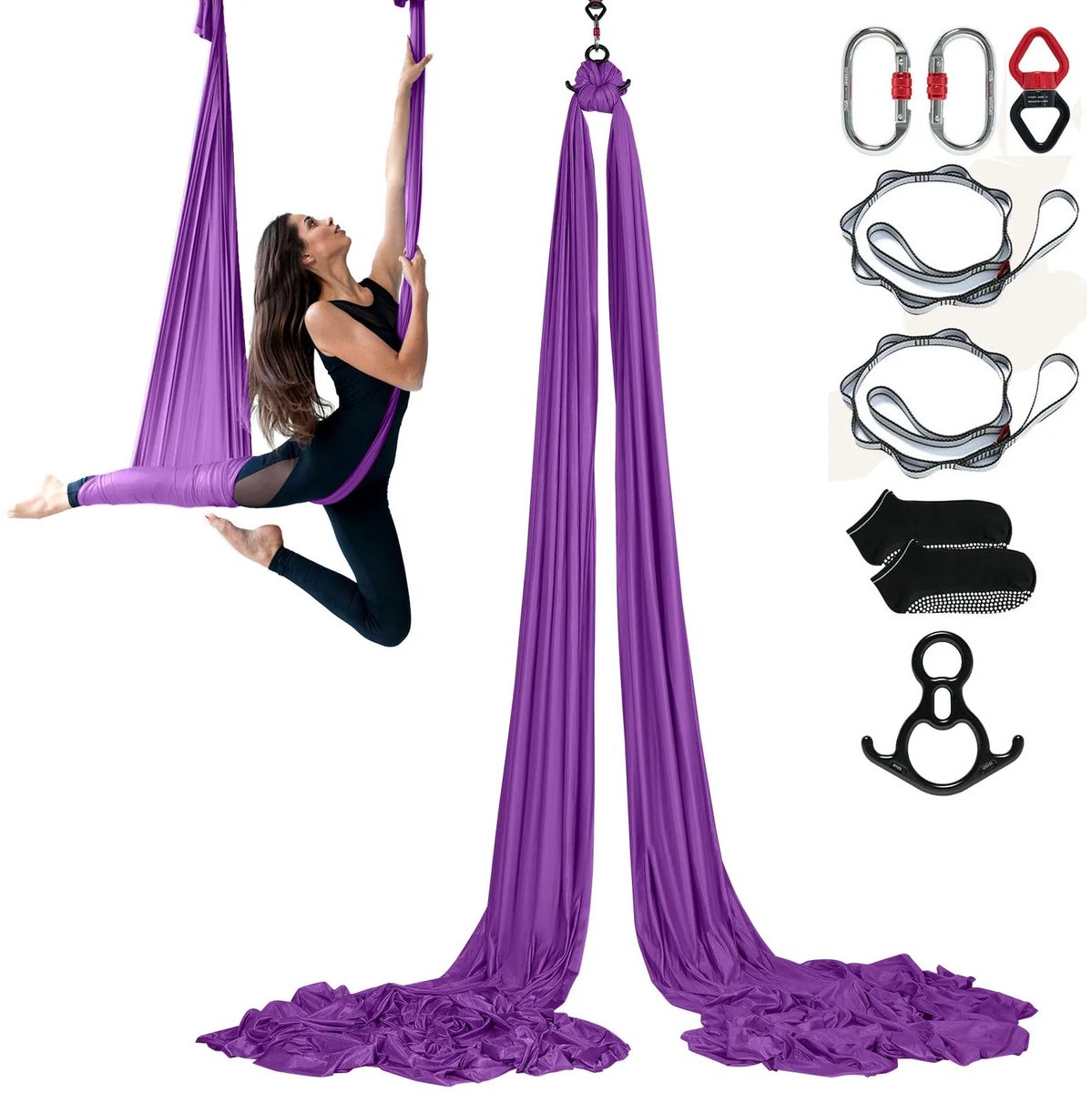 SanaVida - Aerial Yoga Hangmat - Aerial Yoga Swing Starter Kit - Silk doek/band - 8.22 x 2.8m - Paars - incl. Accessoires