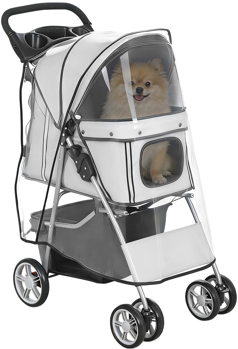 Hondenbuggy – Opvouwbare Wandelwagen voor Hond & Kat tot 10 kg met Regenhoes – Grijs