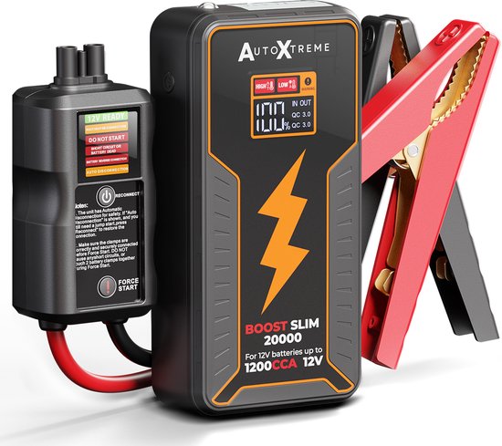 Démarreur AutoXtreme noir avec éclair orange, écran LED et câbles de démarrage.