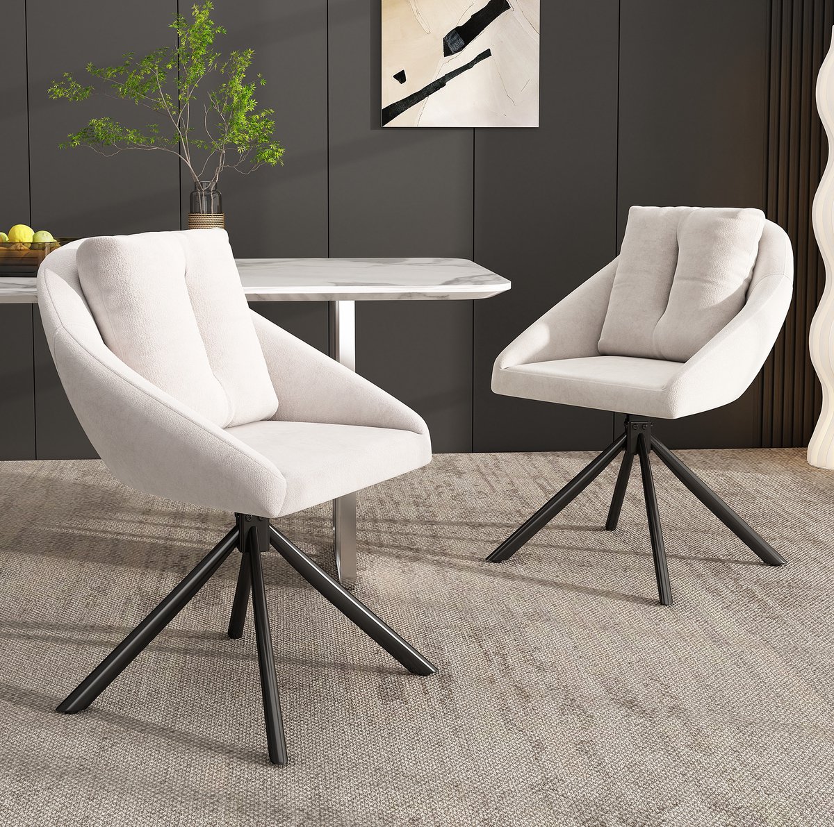 MEUNIQ set van 2 beige eetkamerstoelen van velvet met armleuningen, draaibaar ontwerp en metalen onderstel voor de eetkamer