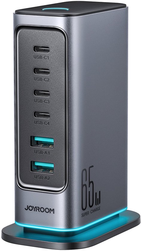 Grijze Joyroom 65W multi-poort oplader met 4x USB-C en 2x USB-A poorten, met blauwe LED-basis.
