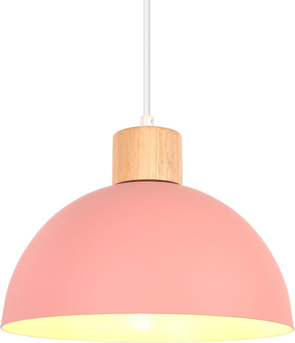 SnelShoppen - Retro hanglamp plafondlamp E27, moderne halfcirkel lamp van hout en metaal, Ø 25 cm, roze voor woonkamer, slaapkamer, eetkamer, keuken