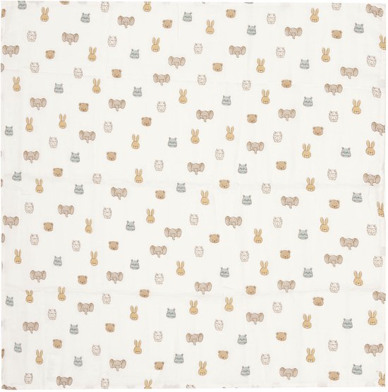 Witte hydrofiele doek met een patroon van kleine beige en blauwe dierenkoppen: konijnen, beren, olifanten en nijlpaarden.