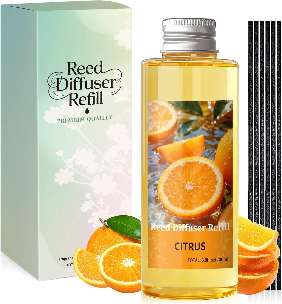 SnelShoppen - Air Freshener Refill 200ml Citrus Geuren met Geurstokken - Geurstokjes Navulling voor Woonkamer, Badkamer, Slaapkamer en Gang