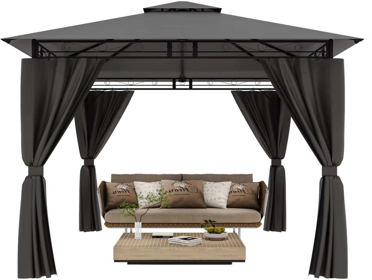 Luxe Tuinpaviljoen met Dubbel Dak – Partytent 3x3 m – Waterdicht Metalen Frame – Paviljoen voor Tuin, Terras & Feesten