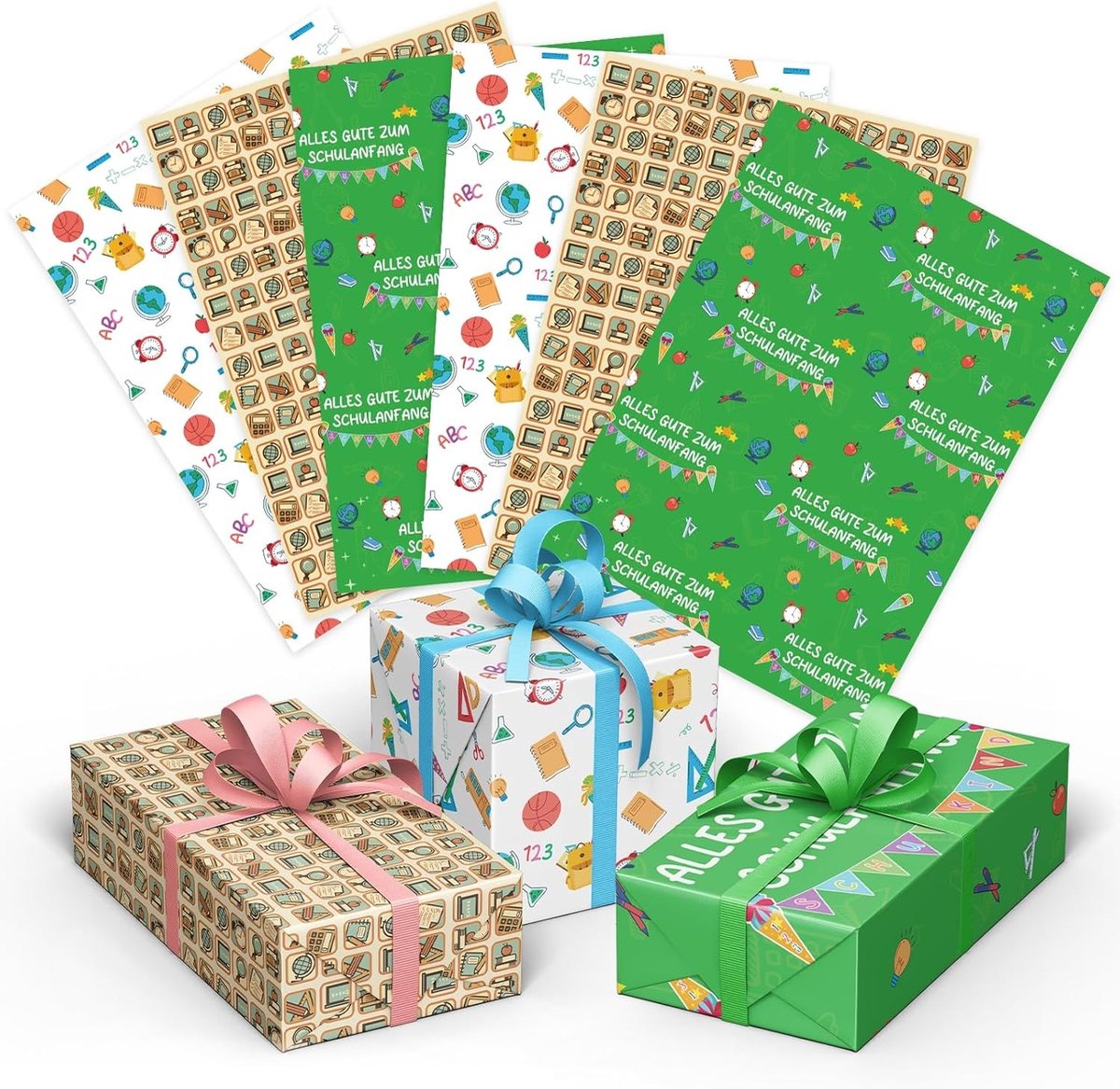 Cadeaupapier voor kinderen - 6 stuks, eerste schooldag, ABC thema, vrolijke decoratie, geschenkverpakking, 50 x 70 cm