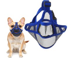 Korte Hondenmuilkorf van Zacht Mesh met Verstelbare Band voor Franse Bulldogs, Voorkomt Bijten, Blaffen en Eten, Ideaal voor Training en Veiligheid (Blauw)