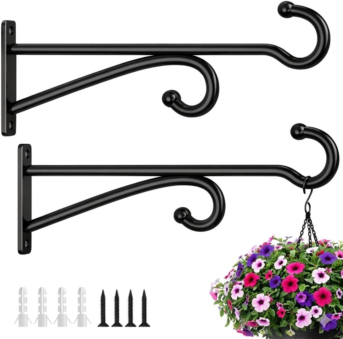 SnelShoppen - 2 stuks 25 cm metalen plantenhaken - zwarte muurbeugels voor manden, windgongen, vogelvoeders en vogelhuisjes, ideaal voor binnen en bui