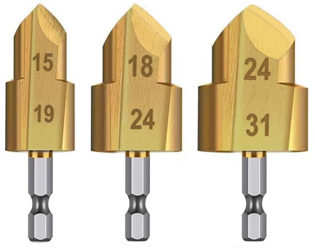 Set van 3 zware pijpgraters met titaniumcoating, geschikt voor PVC buizen, pijpfitters en reamers, 1/4 inch hex shank, ideaal voor precisiewerk en verbouwingen (20/25/32mm)