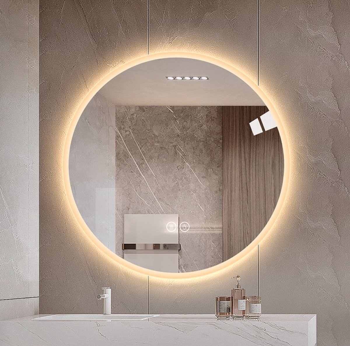 Badkamerspiegel Rond 80 cm - LED Verlichting - Glas Metaal - Zilver - Wandspiegel met Anticondens en Dimbaar