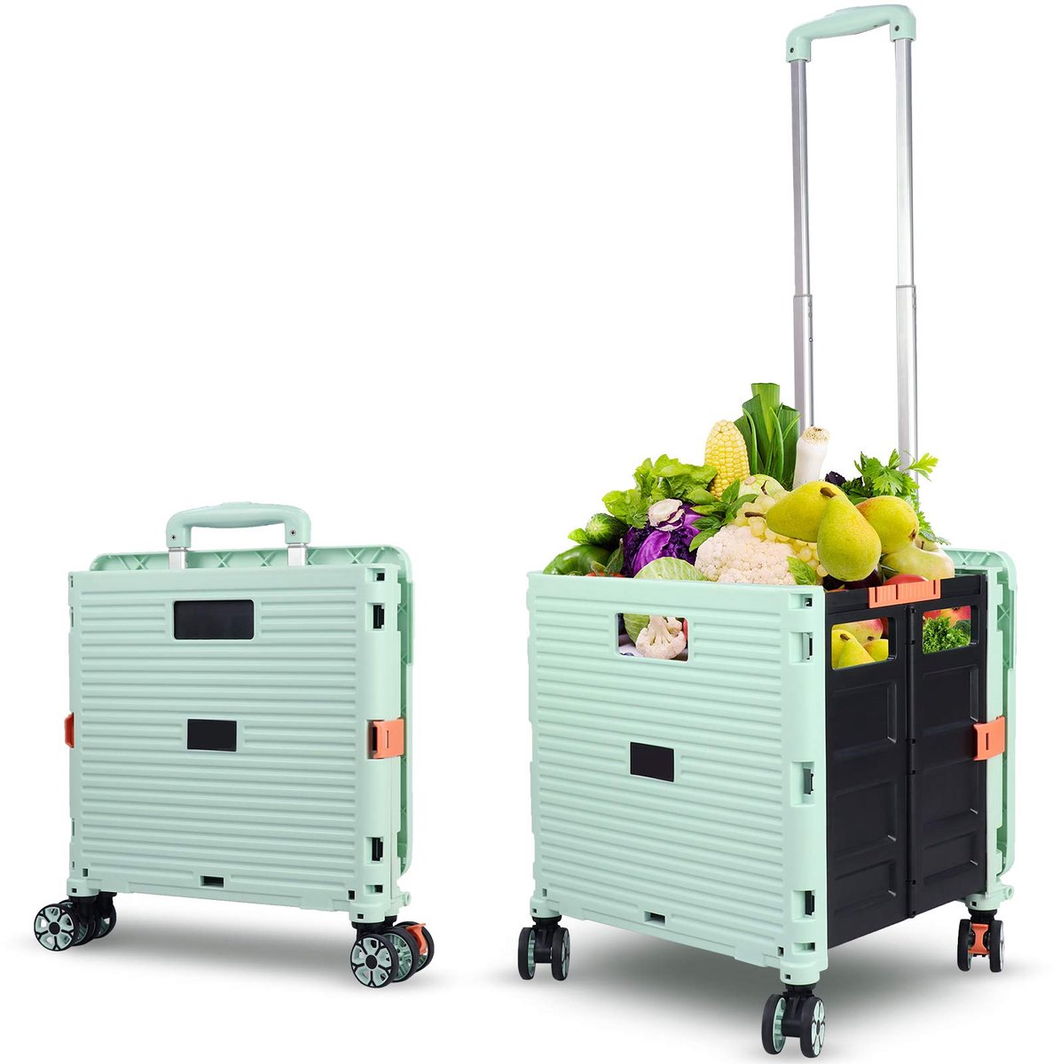 SnelShoppen - Opvouwbare Boodschappentrolley met Wielen, Draagbare Inklapbare Winkelwagen voor Auto Vervoer, Groen, Ideaal voor Boodschappen, Camping