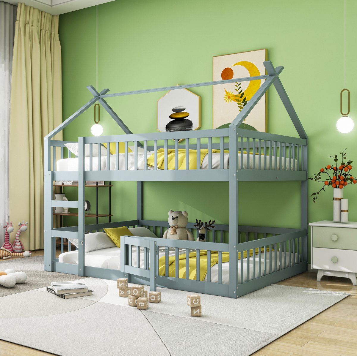 COVREO Bed 140x200 cm grijs stapelbed met trap en hek zonder matras