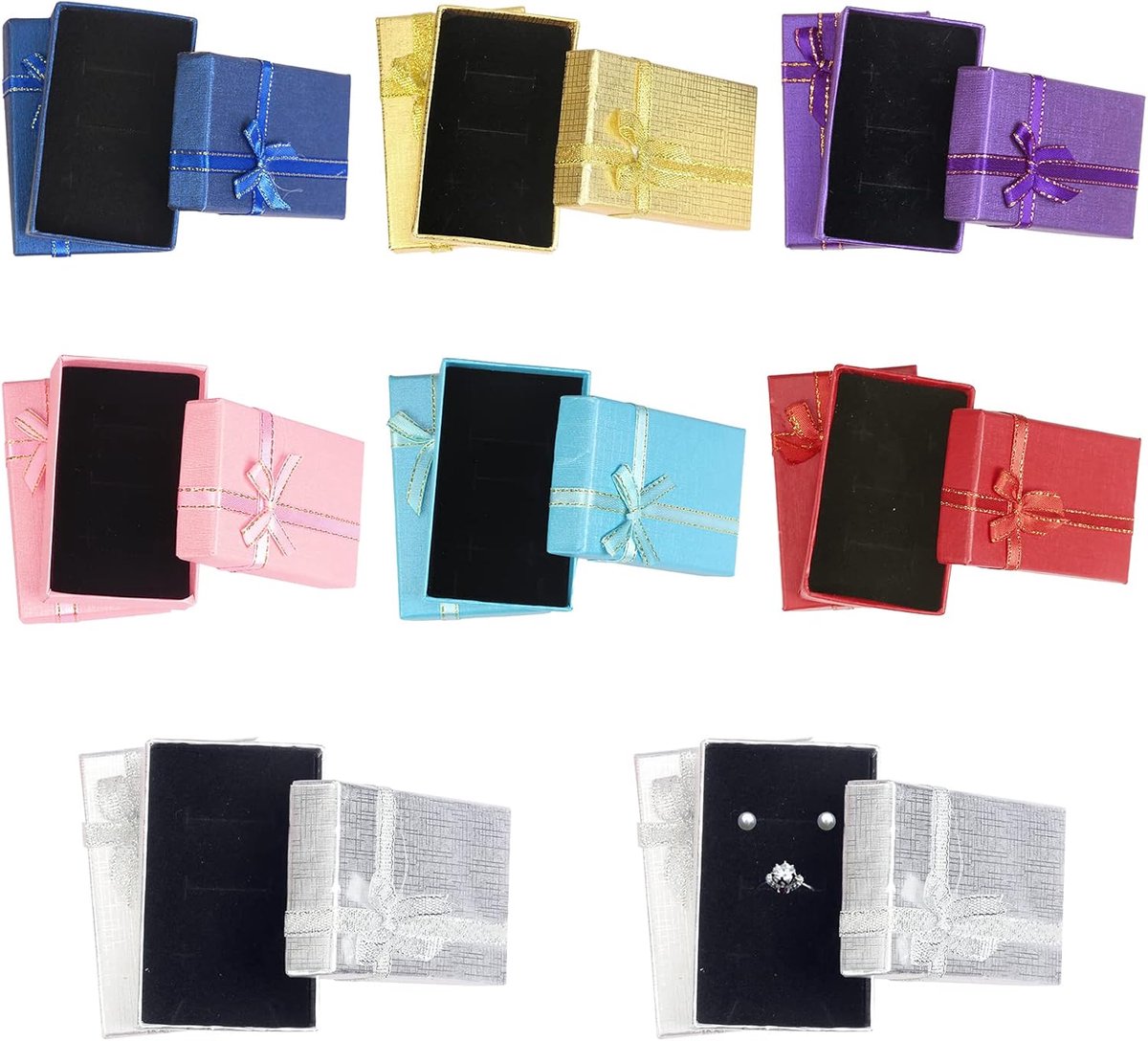 SnelShoppen - 16 stuks kleurrijke sieradenkistjes van papier, opslag voor oorbellen, armbanden en meer, cadeauverpakking met strik, karton, perfect vo