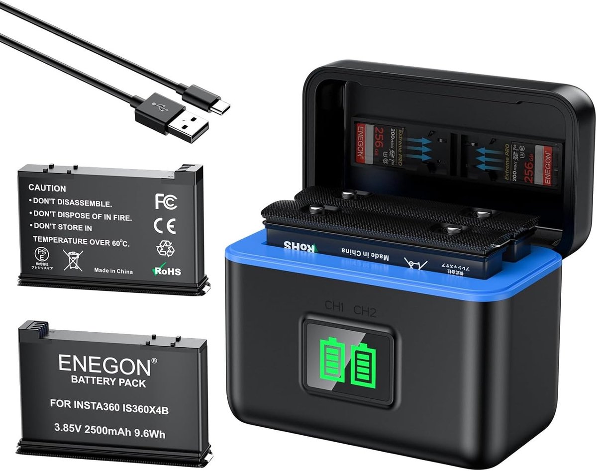Batterijset voor Insta 360 X4, 2500 mAh Capaciteit, Inclusief 2 Batterijen en Oplaadstation met LCD Display voor Verbeterde Fotografie en Videografie