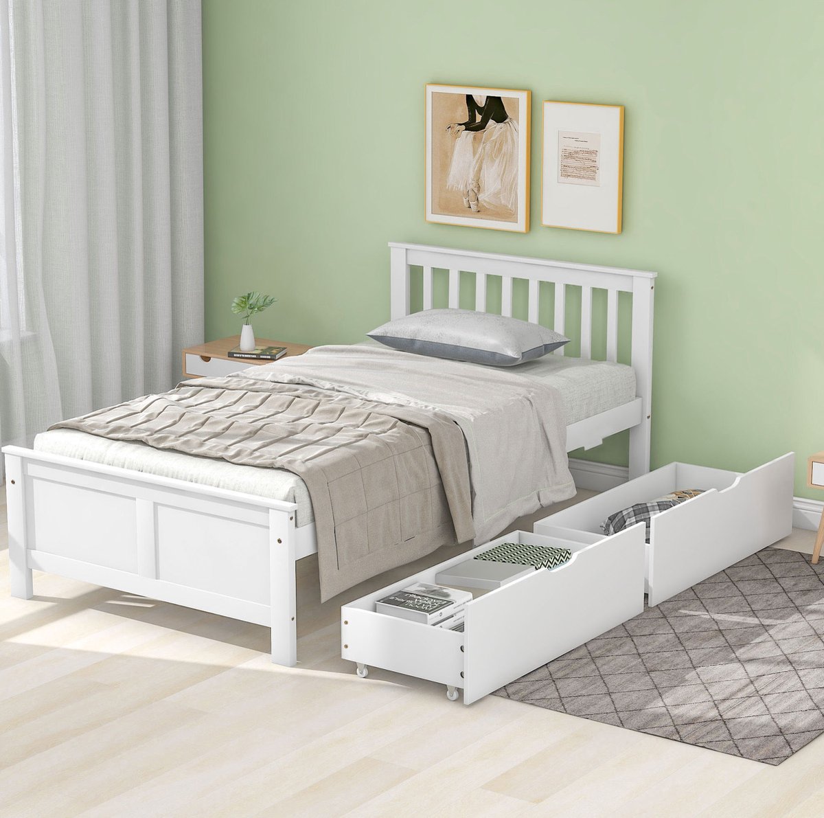 COVREO Bedframe 90x200 cm wit hout en MDF met opberglades zonder matras
