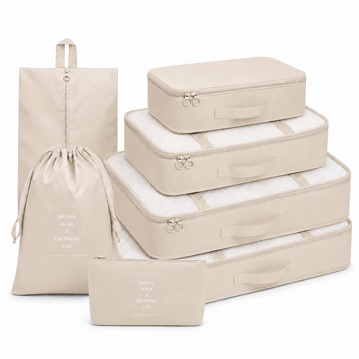 Bol.com Packing Cubes 7-delig – Koffer Organizer & Inpakzakken – Beige aanbieding