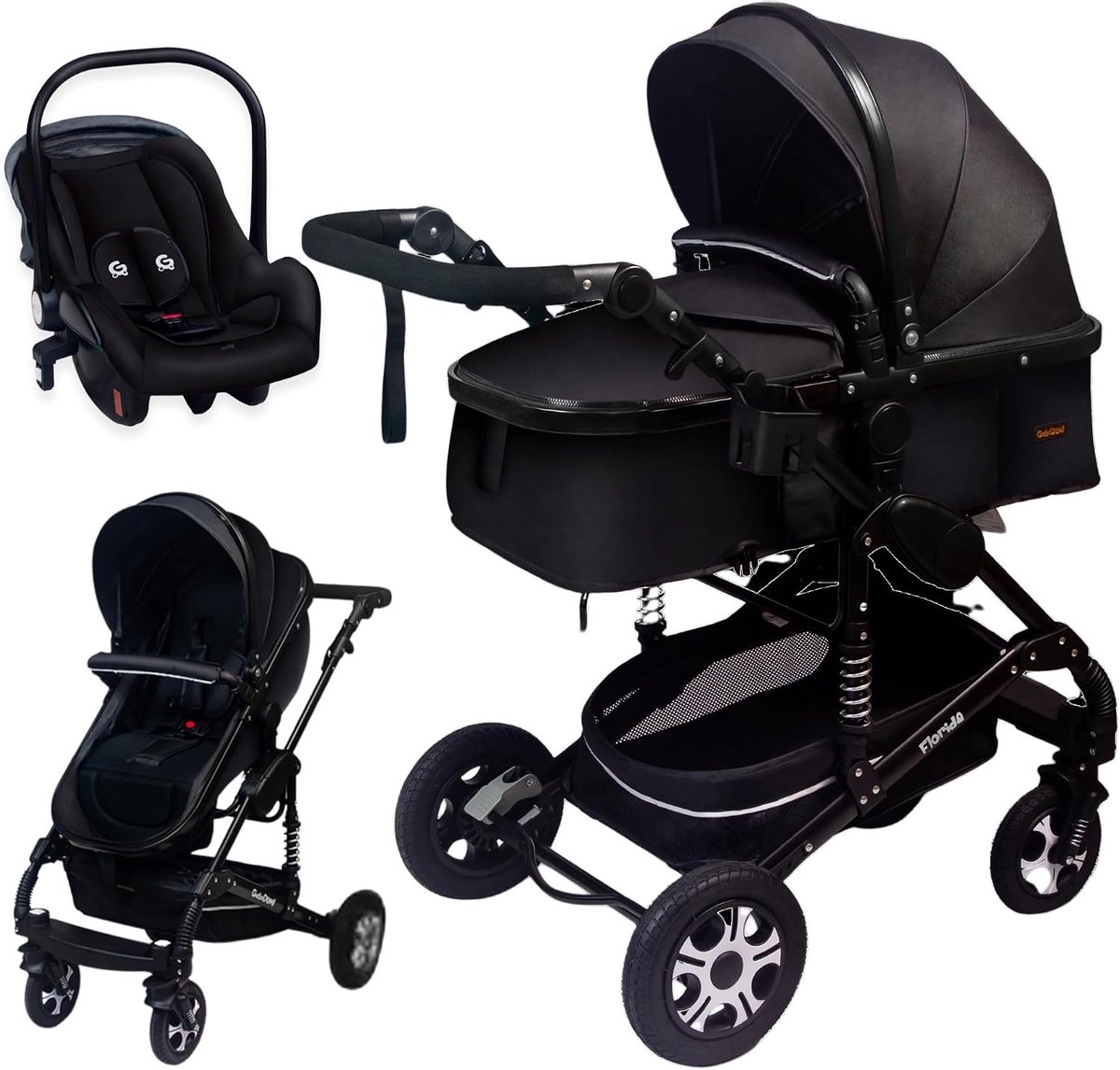 SnelShoppen - 3-in-1 Kinderwagenset met Autostoeltje - TÜV Goedkeuring - Combi Kinderwagen met Onderhoudsvrije Rubber Banden - Inclusief Luiertas - Zw