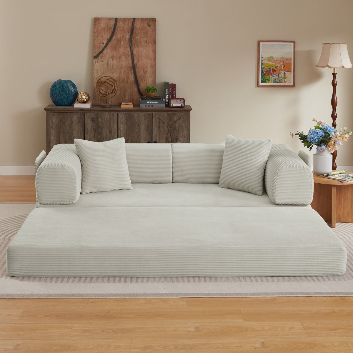 OKWISH Slaapbank – 3-Zits Opvouwbare Bedbank Met 2 Kussens – Comfortabel Voor Woonkamer, Slaapkamer En Appartement – Corduroy En Schuim – Beige