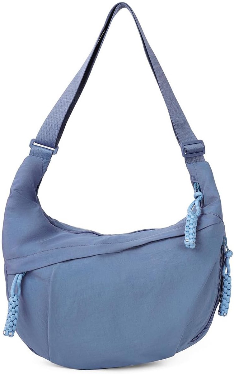 Dames Nylon Halve Maan Tas - Grote Crossbodytas en Schoudertas - Lichtgewicht Festivaltas - Verstelbare Schouderriem - Blauw