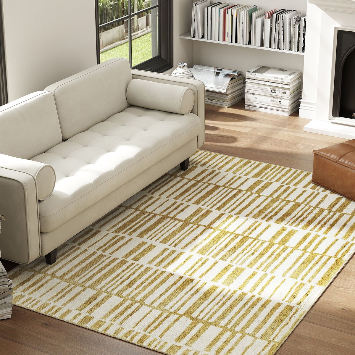 TEKROA® Vloerkleed - Carpet -Tapijt - Laagpolig Tapijt voor Woonkamer en Slaapkamer - Wasmachine Wasbaar - 170x120 cm - Crème