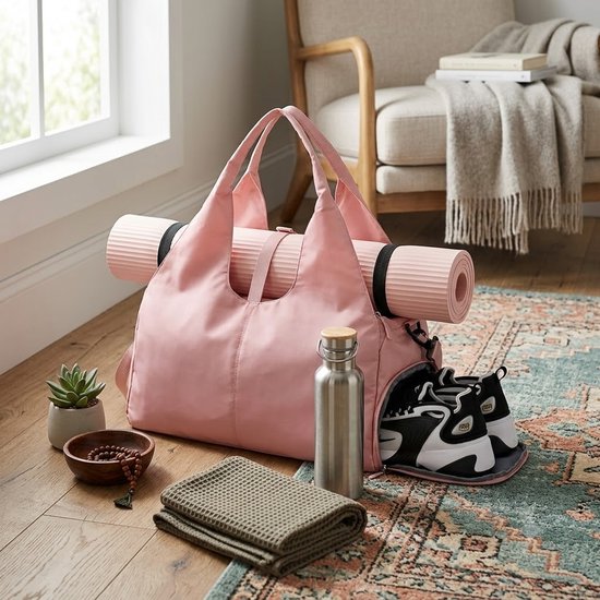 Roze sporttas dames en heren yoga tas fitness tas pilates tas weekendtas met schoenenvak grote capaciteit verstelbare schouderband draagtas voor sport en reizen — afbeelding 2