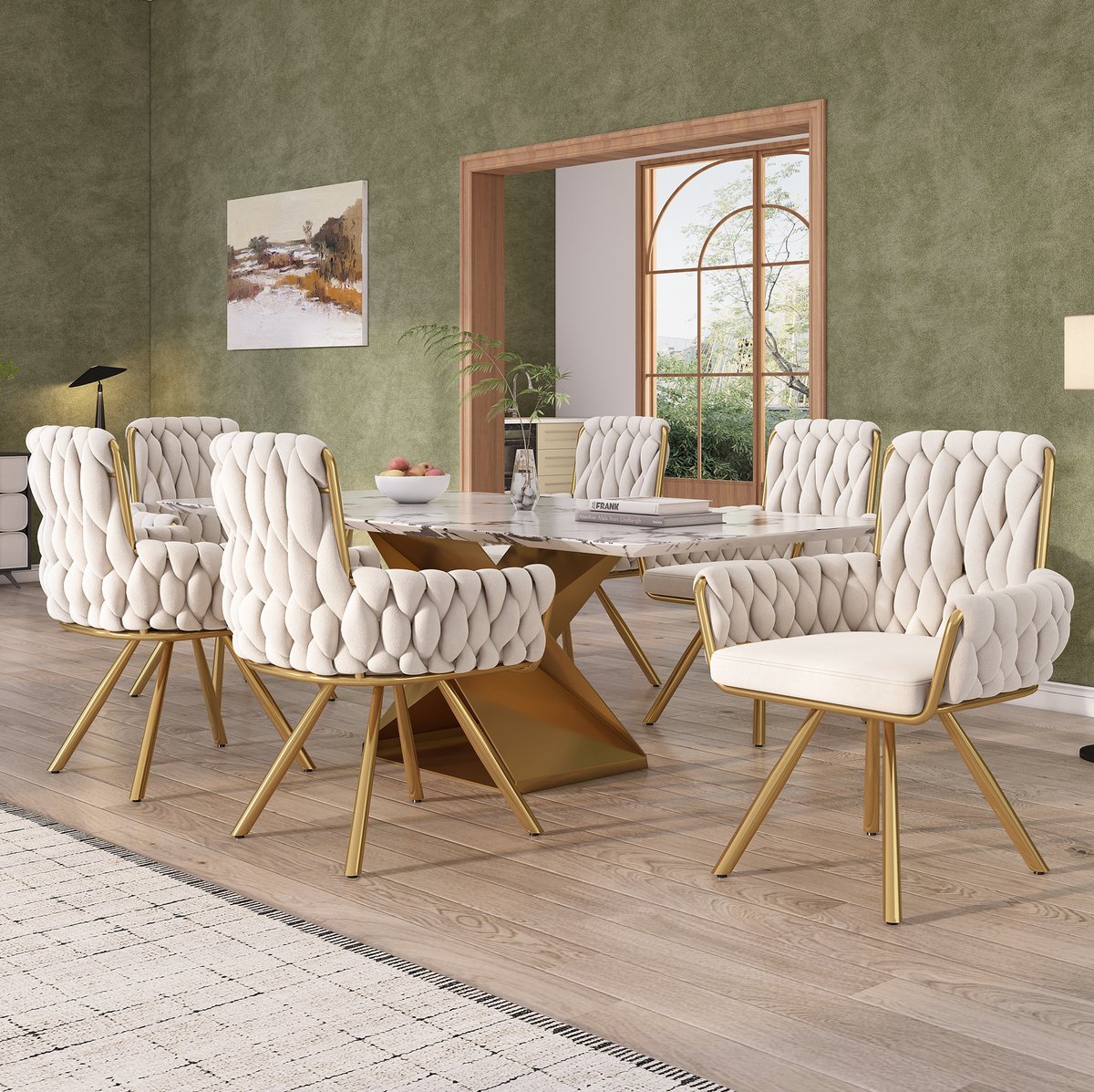 MEUNIQ eetkamerstoel beige - set van 6, draaibare kuipstoel met armleuningen, hoge rugleuning, velvet en metalen vierpoot voor eetkamer
