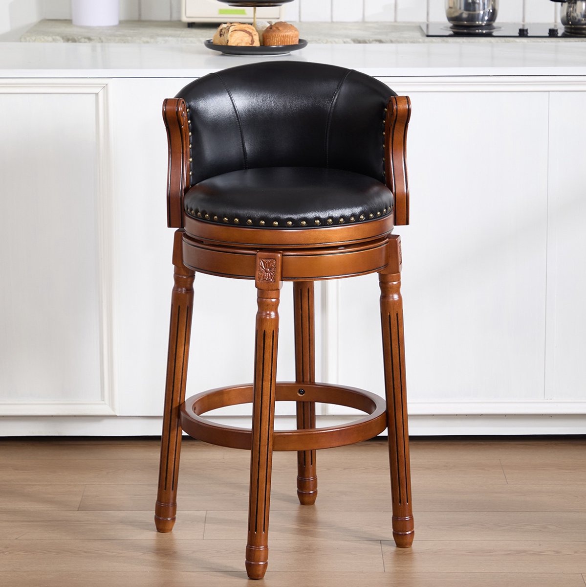 MEUNIQ barkruk met rugleuning en armleuningen, 360° draaibaar, leren zitting en houten frame, barhoogte, voor keuken, bar en woonkamer, zwart Black