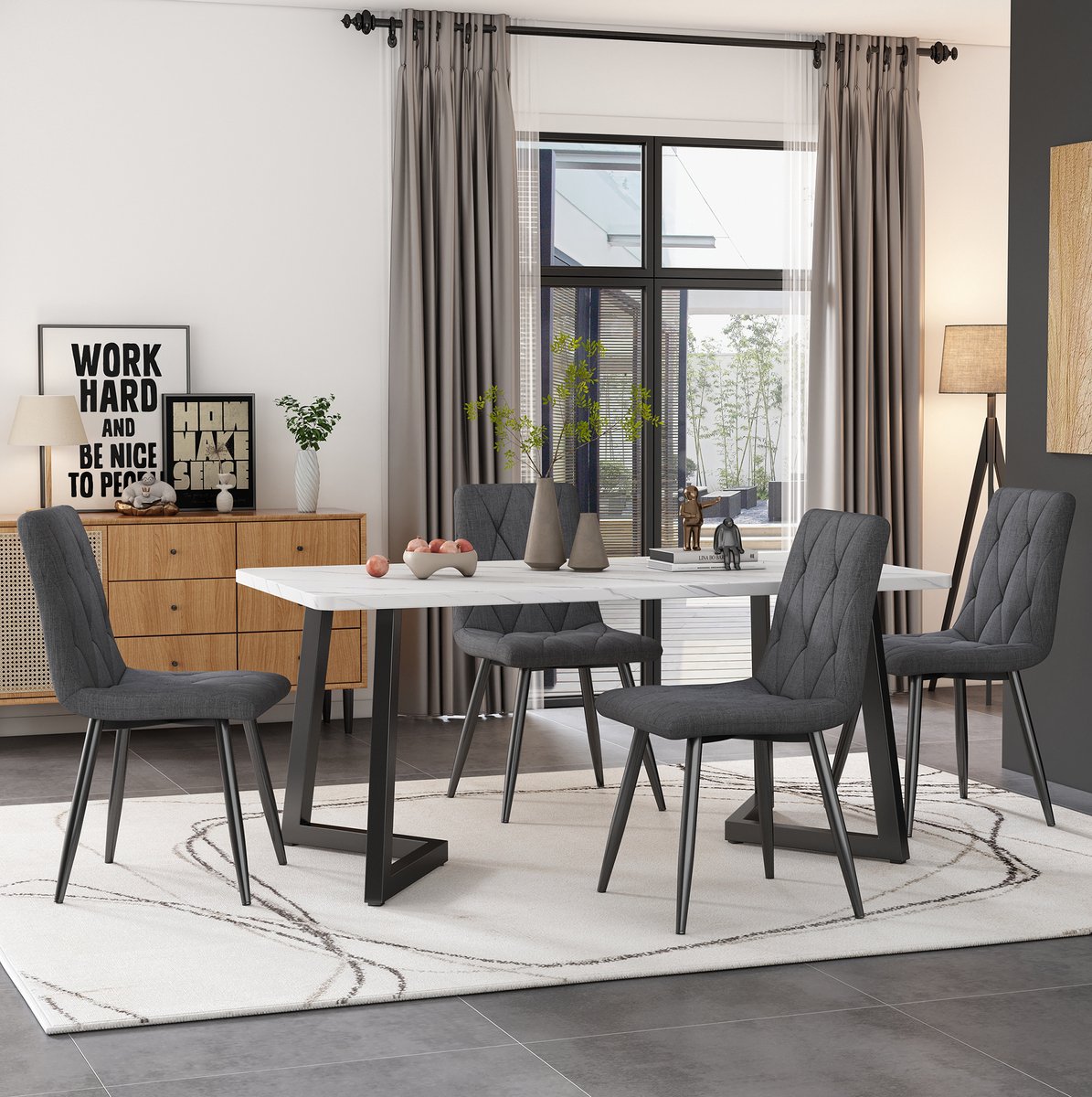 MEUNIQ Eetkamerstoel set van 4 donkergrijs met gestikt patroon, zachte stoffering, zwarte metalen poten, moderne design stoel voor eetkamer en keuken