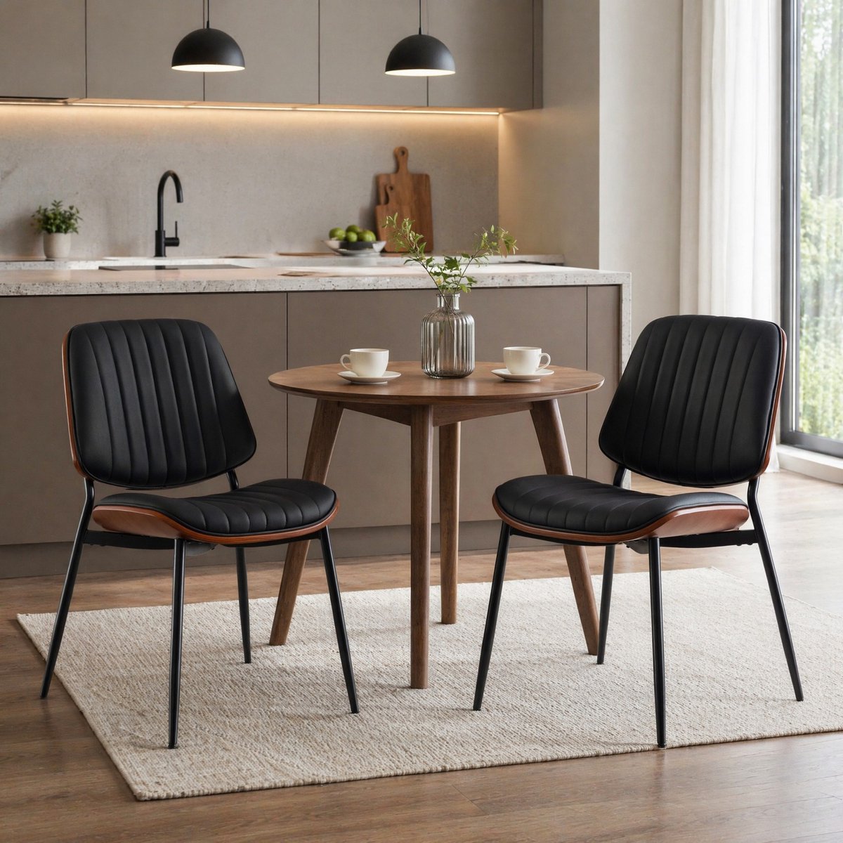 MEUNIQ set van 2 eetkamerstoelen in retro mid-century stijl, zwart kunstleer, gewatteerde zitting en rugleuning, metalen schuine vierpoot voor eetkamer en keuken