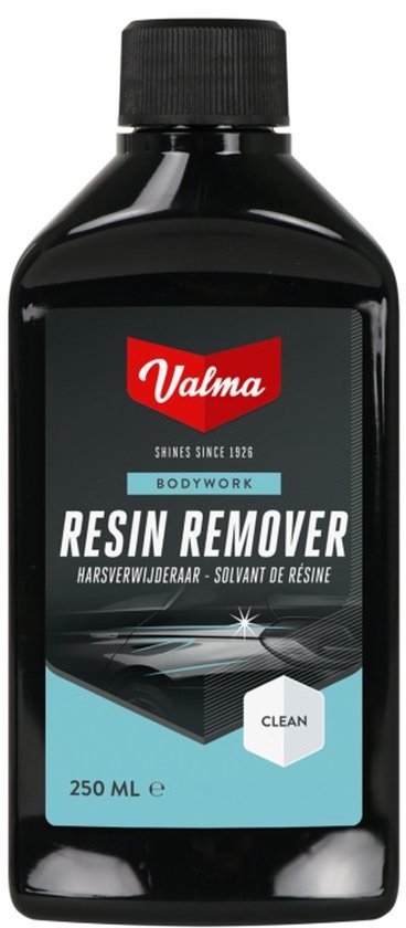 Zwarte fles Valma Resin Remover 250ml. Met zwart etiket waarop 'Valma', 'Resin Remover' en een afbeelding van een schone auto.