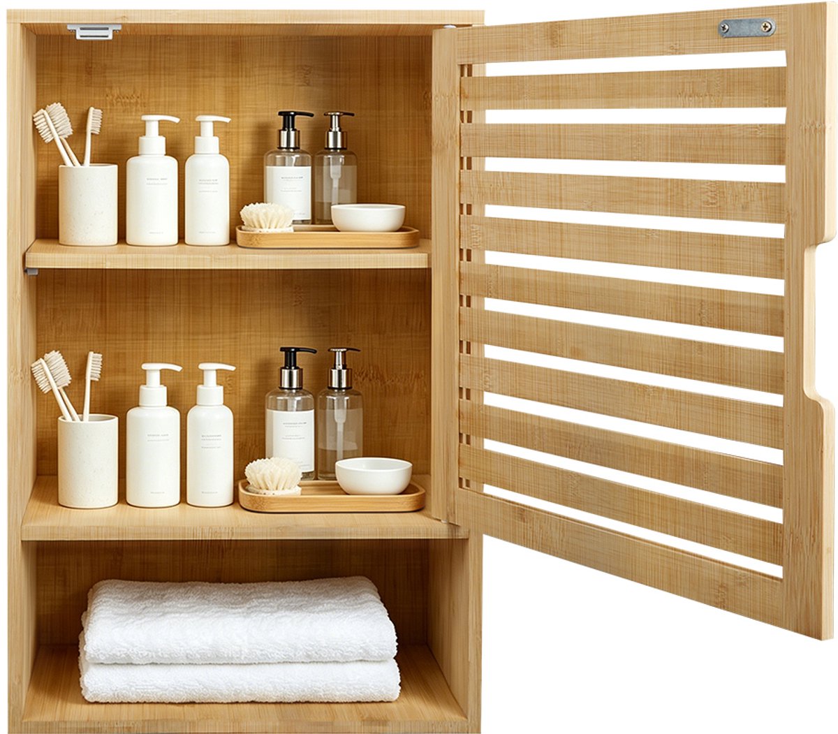 PIPIPOXER Hangkast badkamer - Badkamer Wandkast - 3 vakken -Open Planchet- Hangend Over Het Toilet - 40 x 20 x 60 cm - bamboe-Houtkleur