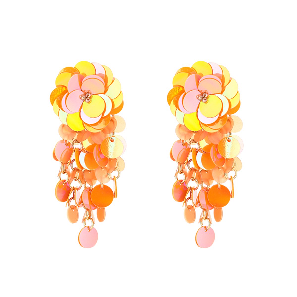 Stainless Steel Sequined Statement Flower Drop Earrings – Luxe Oorbellen – RVS - Oranje