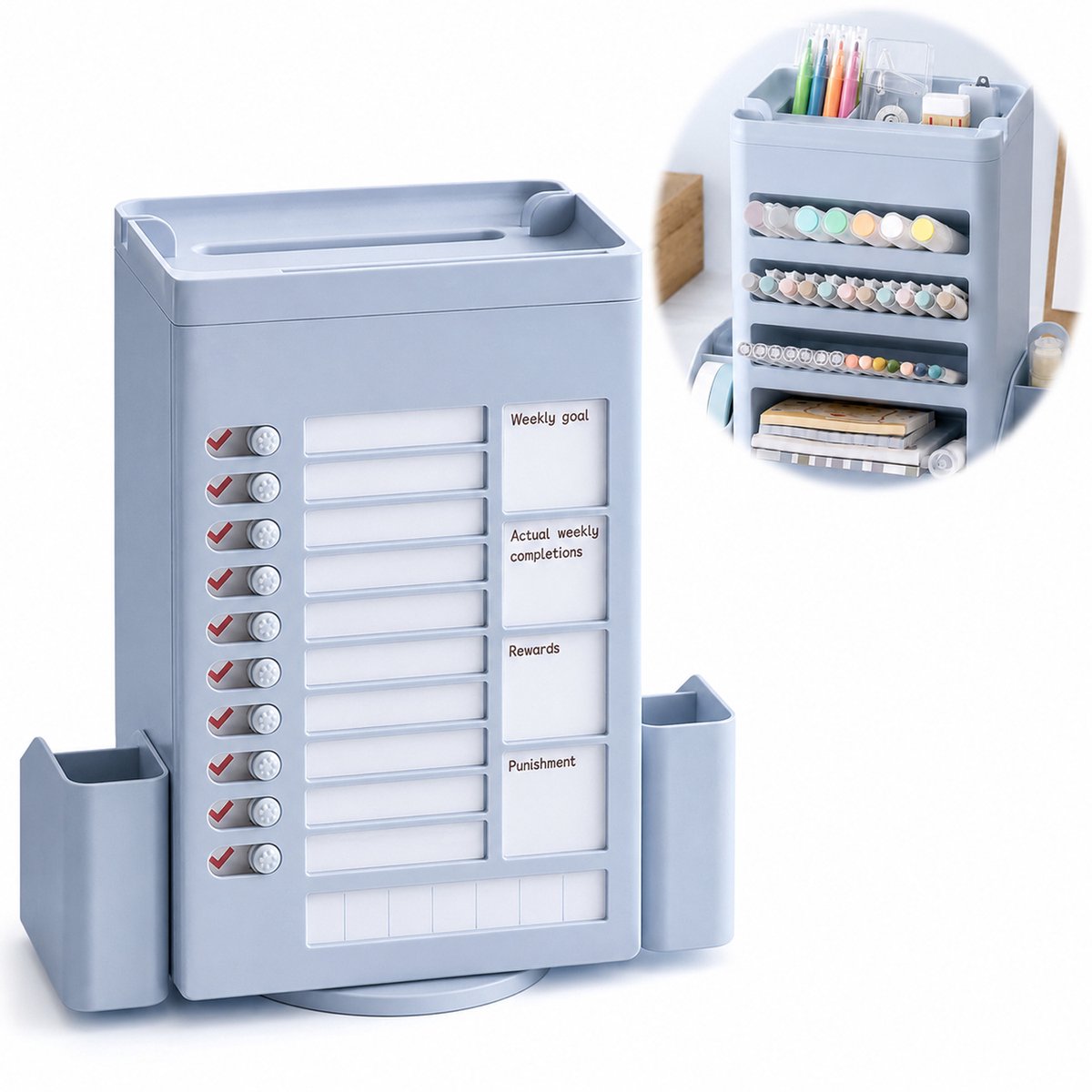 Draaibare Pennenhouder met Planner - Zelfdiscipline Tracker & Opbergbox - voor Bureau & Studie - Kunststof - Roze - 1 Stuk