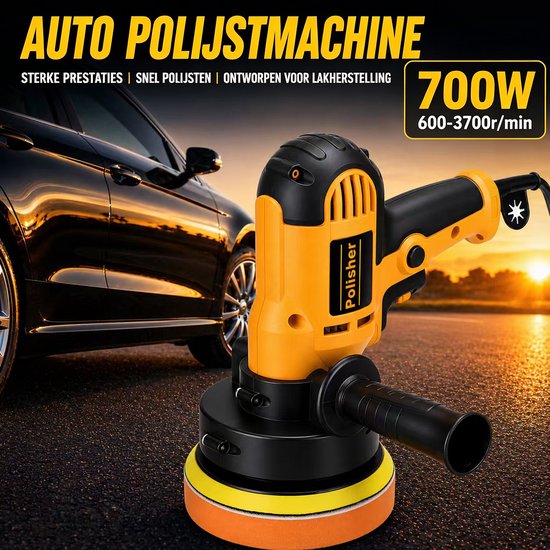 Gele polijstmachine met oranje en gele pads, bij zonsondergang.