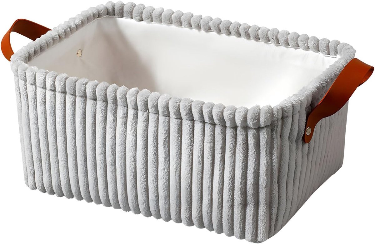 Opbergmand voor kleding – Met handgrepen – 41 x 31 x 20 cm – Opbergmand voor op het bureau – Geflanelde kledingorganizer - Met leren handvat - Opbergmand - Ruimtebesparend - Wasmand van stof - Voor thuis - Grijs