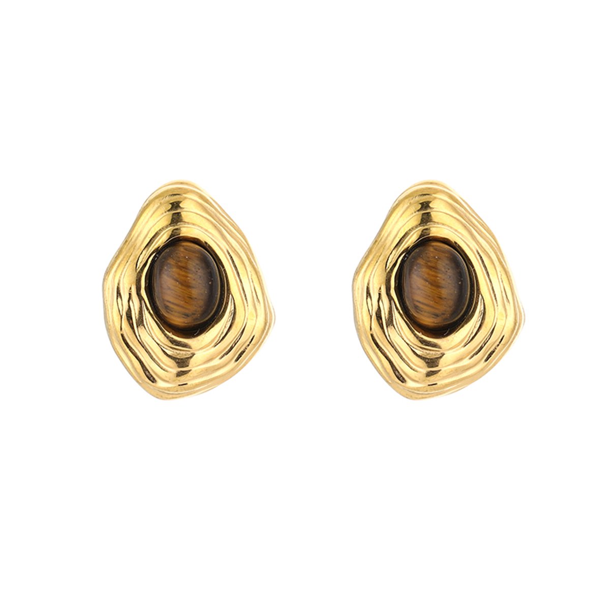 Stainless Steel Organic Textured Tiger Eye Stud Earrings – Luxe Chique Oorbellen – RVS - Goud