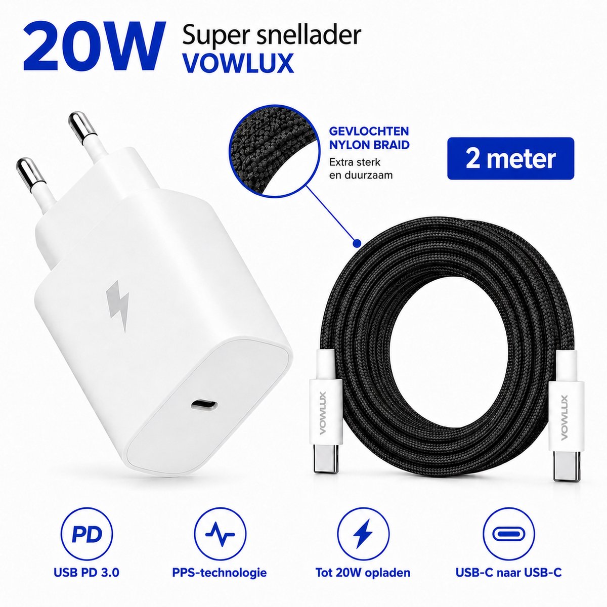 20W Super Snellader Set + USB-C naar USB-C Kabel 2M – 60W Extra Stevig Gevlochten – Stekker + Kabel Set - Ondersteunt PPS Geschikt voor Samsung Super Fast Charging Afhankelijk van het model – Wit/Zwart