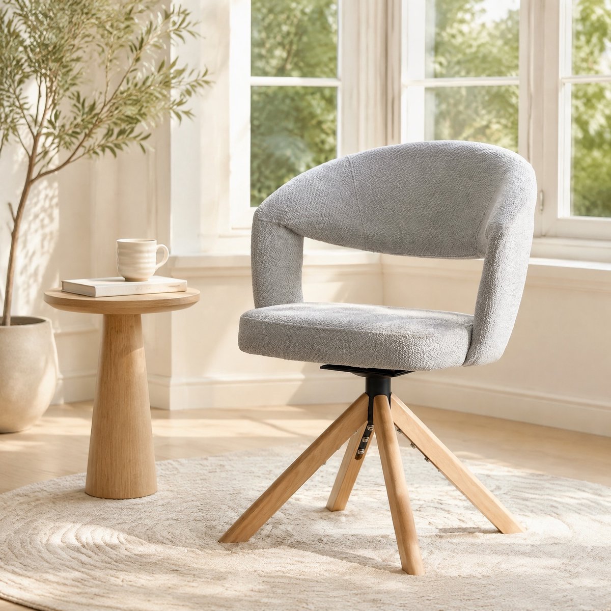 MEUNIQ Eetkamerstoelen set van 2 draaibaar 360 graden met armleuningen en gebogen rugleuning, grijze stoffen zitting en houten poten voor eetkamer of woonkamer Grijs